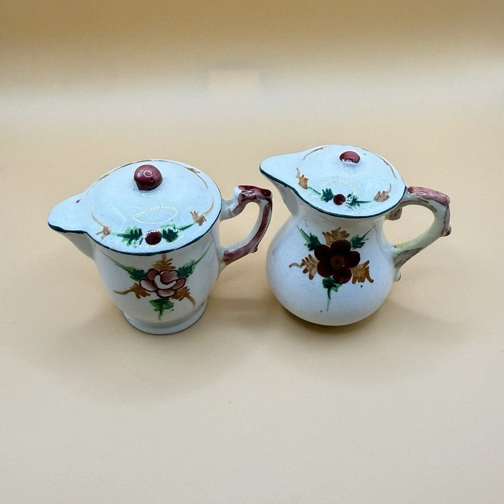 Vintage Porcelain Pitchers Shaped Salt Pepper Shakers Flowers Roses Made Japan
